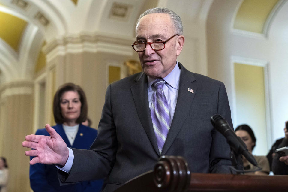 FILE - Senate Majority Leader Chuck Schumer, D-NY, speaks during a news conference at the Capitol in Washington, Feb. 6, 2024. President Joe Biden will convene the top four congressional leaders at the White House on Tuesday, Feb. 27, to discuss the emergency aid package for Ukraine and Israel, as well as avoiding a government shutdown next month, according to an anonymous White House official. The top four leaders include Schumer, House Speaker Mike Johnson, R-La., House Minority Leader Hakeem Jeffries, D-N.Y., and Senate Minority Leader Mitch McConnell, R-Ky. (AP Photo/Jose Luis Magana, File)