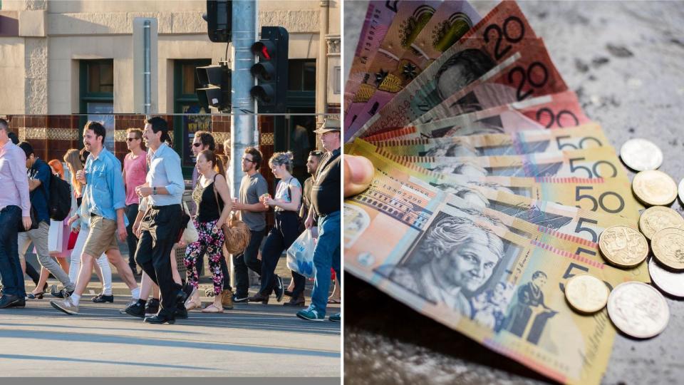 Compilation image of people walking across a street, and a fan of notes and coins to represent savings