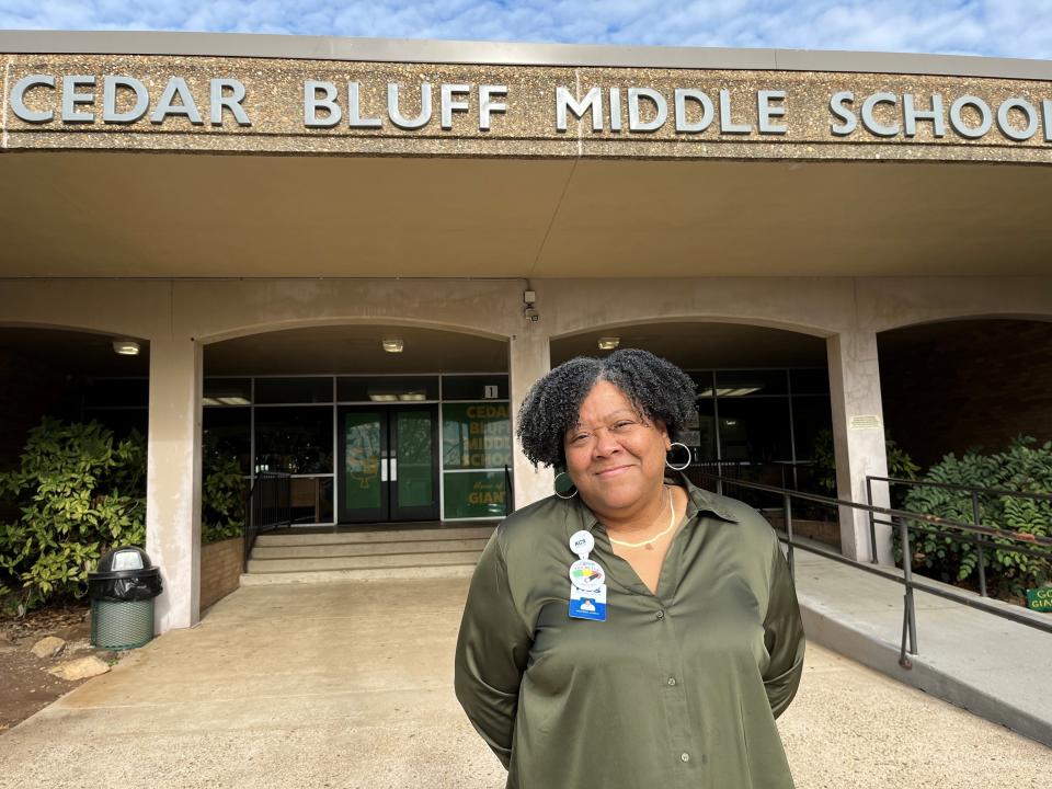 First-year Cedar Bluff Middle School principal Desiree Jones is pictured outside the school on Cedar Bluff Road on Oct. 24, 2023.