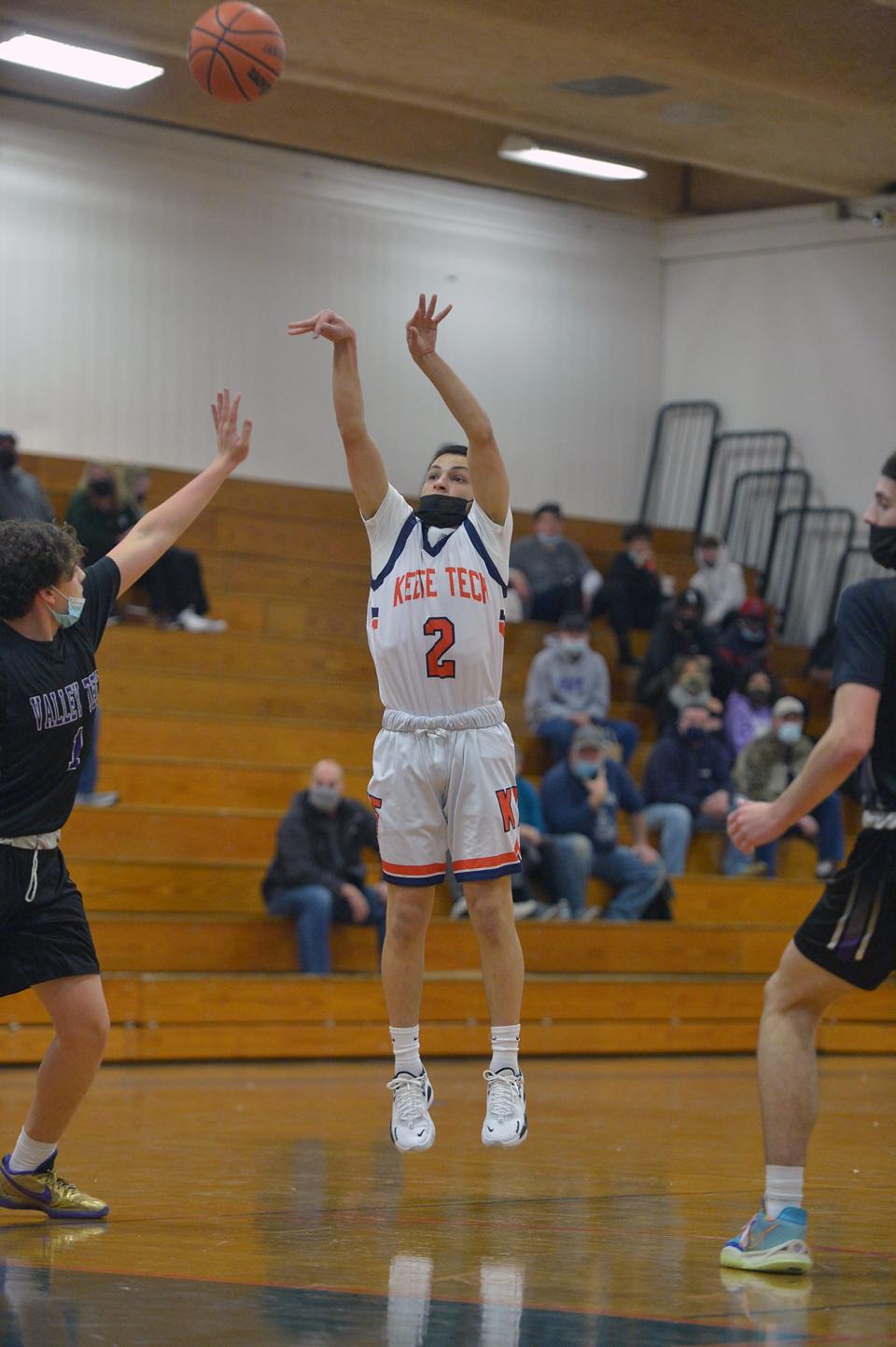 Keefe Technical High School senior David Maude shoots against Blackstone Valley Technical High School, Jan. 5, 2022.