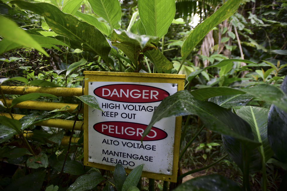 This Feb. 13, 2019 photo shows a danger, high voltage sign near a warming plot in the El Yunque tropical rainforest, in Rio Grande, Puerto Rico. The warmed plots run on 480 volts of electricity, and while the lines are isolated from the soil, the scientists use insulated boots to avoid getting electrocuted in case of an accident. (AP Photo/Carlos Giusti)