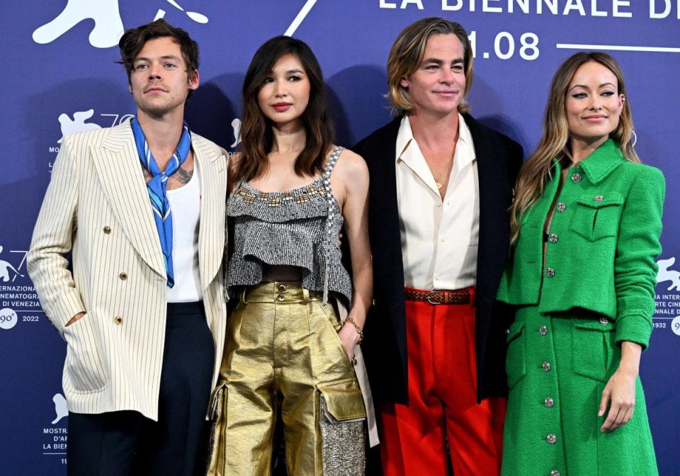 Harry Styles, Gemma Chan, Chris Pine and Olivia Wilde at the photocall for ‘Don’t Worry Darling' (AFP via Getty Images)