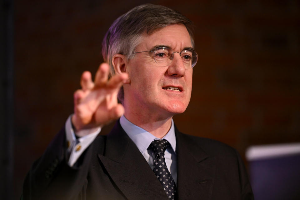 LONDON, ENGLAND - FEBRUARY 6: Jacob Rees-Mogg speaks at the launch of the 'Popular Conservatives' movement on February 6, 2024 in London, England. PopCon, a new Conservative grouping in Britain and a fringe movement within the Conservative Party, aims to restore democratic accountability and champion popular conservative policies. Spearheaded by former Prime Minister Liz Truss, the campaign features the involvement of former Cabinet ministers Jacob Rees-Mogg and Ranil Jayawardena. (Photo by Leon Neal/Getty Images)