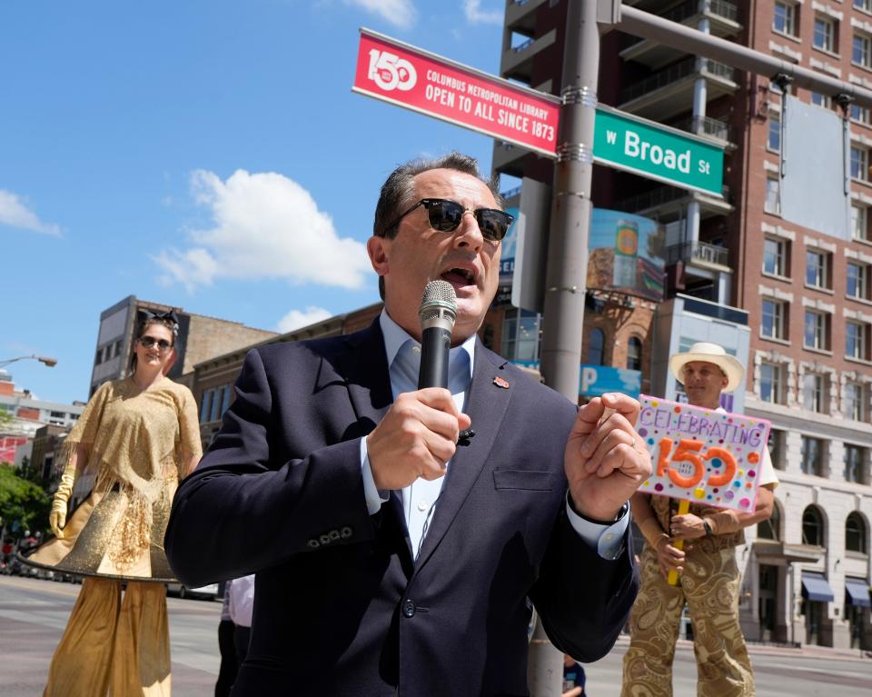 May 27, 2023; Columbus, Ohio, United States;  Columbus Metropolitan Library CEO Patrick Losinski speaks after a commemorative street sign in celebration of the libraryÕs 150th birthday was unveiled at the corner of Broad and High Streets in downtown Columbus on May 30, the 150th day of the year. The sign reads, "Columbus Metropolitan Library: Open to All Since 1873."Mandatory Credit: Barbara Perenic/The Columbus Dispatch