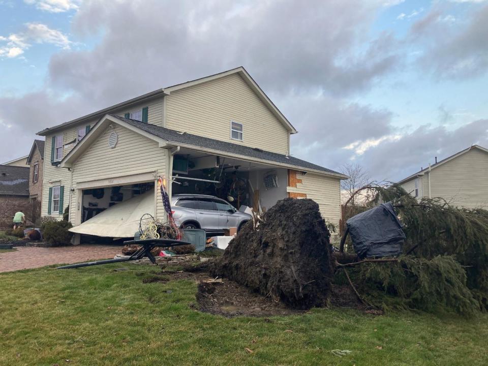 PHOTO: A house was damaged on Oldwynne Road after early morning severe weather hits central Ohio, Feb 28, 2024. (Mark Ferenchik /USA Today Network)