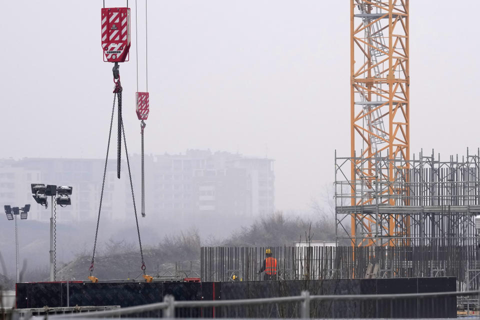 A view of the construction site of the Palaitalia at the Santa Giulia district, in Milan, Italy, Tuesday, Feb. 6, 2024. The 2026 Milan-Cortina Olympics start exactly two years from Tuesday and it still seems like there are more questions than answers for a complicated games that will be staged across a large swath of northern Italy spread between five different venue clusters. (AP Photo/Antonio Calanni)