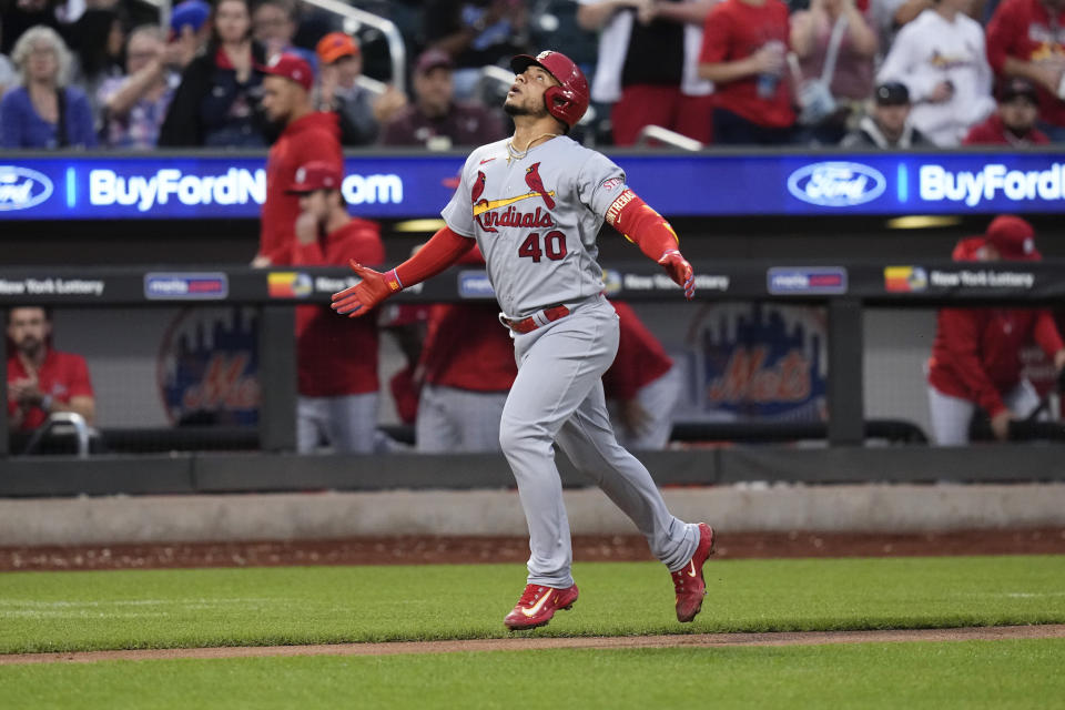 St. Louis Cardinals' Willson Contreras (40) celebrates as he runs the bases on a home run during the fifth inning of the team's baseball game against the New York Mets on Friday, June 16, 2023, in New York. (AP Photo/Frank Franklin II)