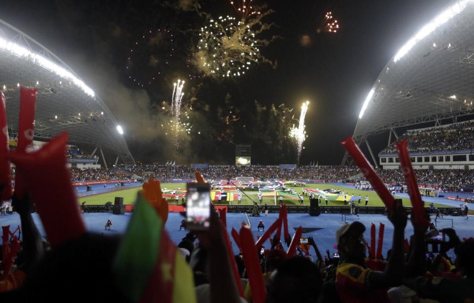 Fireworks light the sky during a ceremony before the African Cup of Nations final soccer match between Egypt and Cameroon at the Stade de l'Amitie, in Libreville, Gabon, Sunday, Feb. 5, 2017. (AP Photo/Sunday Alamba)