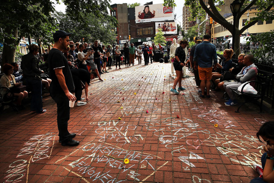 The names of shooting victims are written in chalk in a park across from the iconic New York City gay and lesbian bar The Stonewall Inn on June 13, 2016 in New York City.&nbsp;