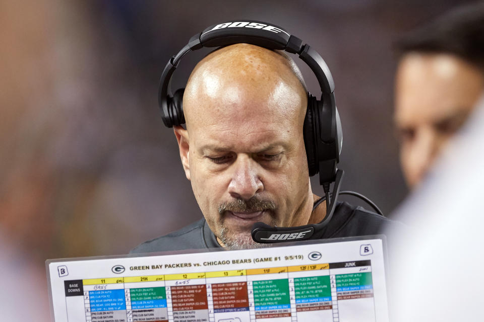 CHICAGO, IL - SEPTEMBER 05: Green Bay Packers defensive coordinator Mike Pettine reviews plays in game action during a NFL game between the Green Bay Packers and the Chicago Bears on September 05, 2019 at Soldier Field, in Chicago, IL. (Photo by Robin Alam/Icon Sportswire via Getty Images)