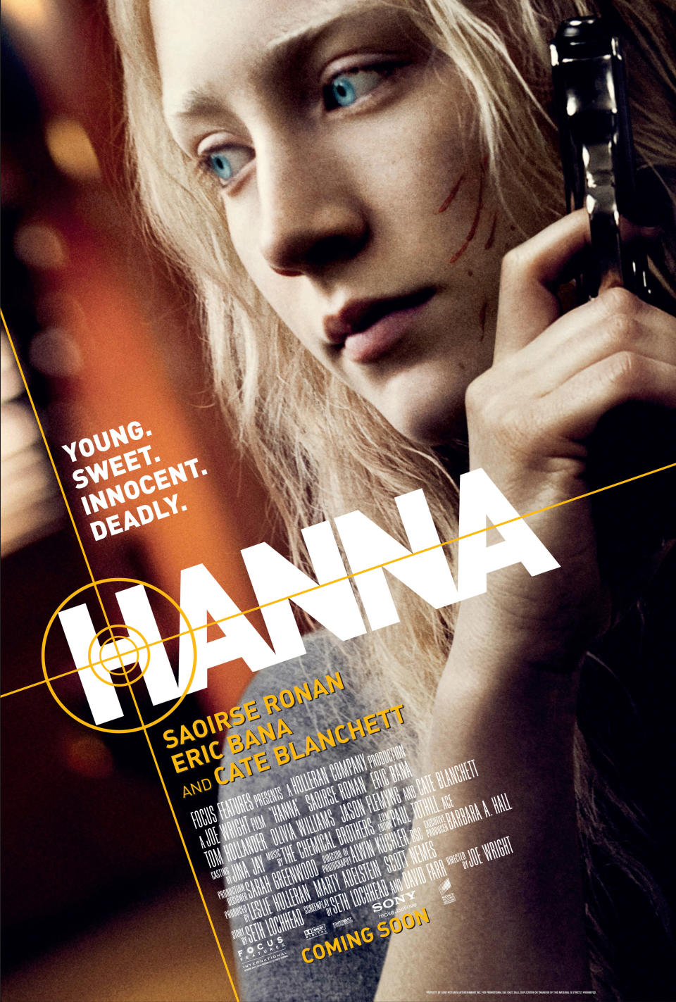 A woman holds a gun on the poster for the movie, "Hanna"