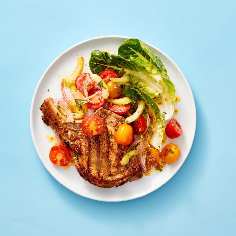 21) Pork Chops with Bloody Mary Tomato Salad