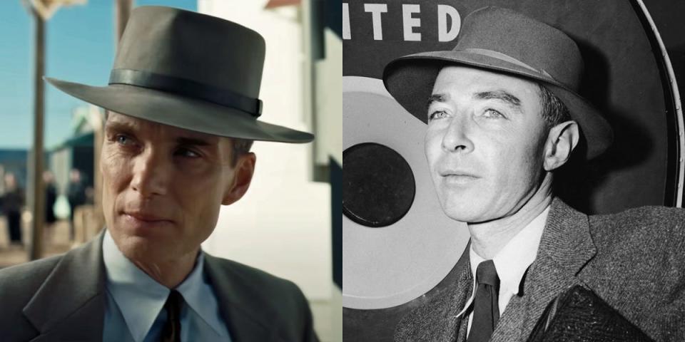 Cillian Murphy as Robert J. Oppenheimer in "Oppenheimer" next to a black and white photo of Oppenheimer dressed in a three-piece tweed suit and hat, holding a zippered case and overcoat as he stands outside of a United Air Lines 'Mainliner 300' Douglas DC-6 airplane at LaGuardia Airport, Flushing, New York, New York in the early to mid 1950s.