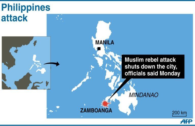 Map locating Zamboanga in the Philippines were an attack by Muslim rebels has closed down the city, according to officials Monday