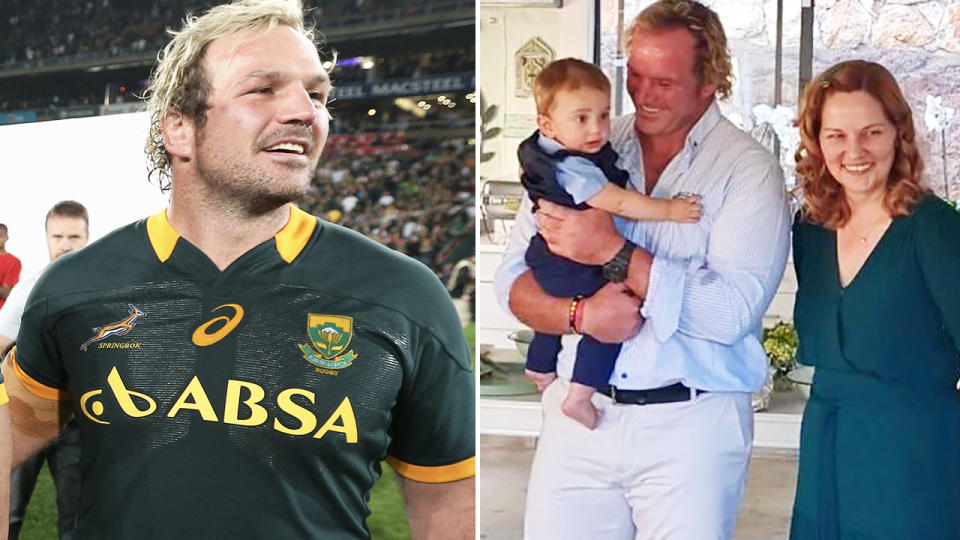 Jannie du Plessis, pictured here with his son and wife.