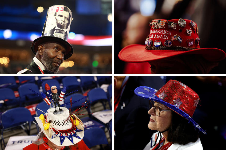 Hats galore! (Joe Raedle/Getty; Mustafa Hussain for NBC News; Kamil Krzaczynski/AFP via Getty)