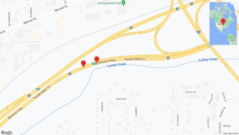A detailed map that shows the affected road due to 'Broken down vehicle on northbound I-35 in Mission' on January 2nd at 4:06 p.m.