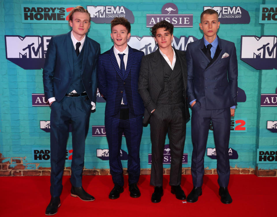 British group The Vamps arrive at the 2017 MTV Europe Music Awards at Wembley Arena in London.