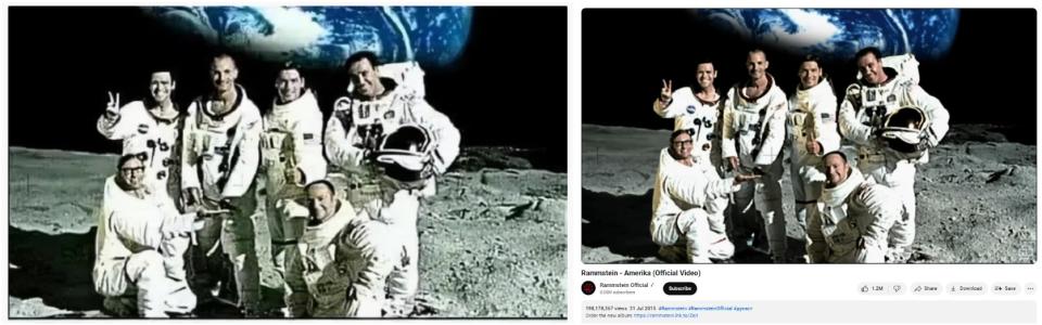 <span>Screenshot comparison of the falsely shared picture (left) and its corresponding frame in the music video (right)</span>