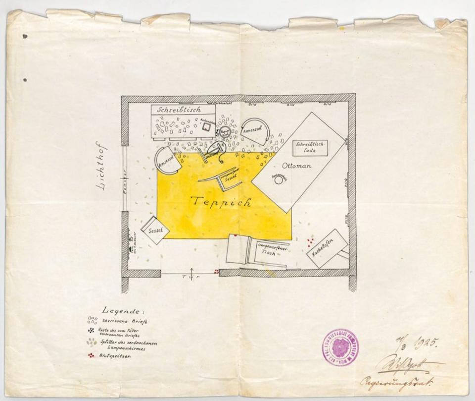 Dibujo de la escena del crimen utilizado durante el juicio de Otto Rothstock. <a href="https://www.filmarchiv.at/wp-content/uploads/2018/02/bettauer_tatortskizze-1024x863.jpg" rel="nofollow noopener" target="_blank" data-ylk="slk:Austrian Film Archive;elm:context_link;itc:0;sec:content-canvas" class="link ">Austrian Film Archive</a>