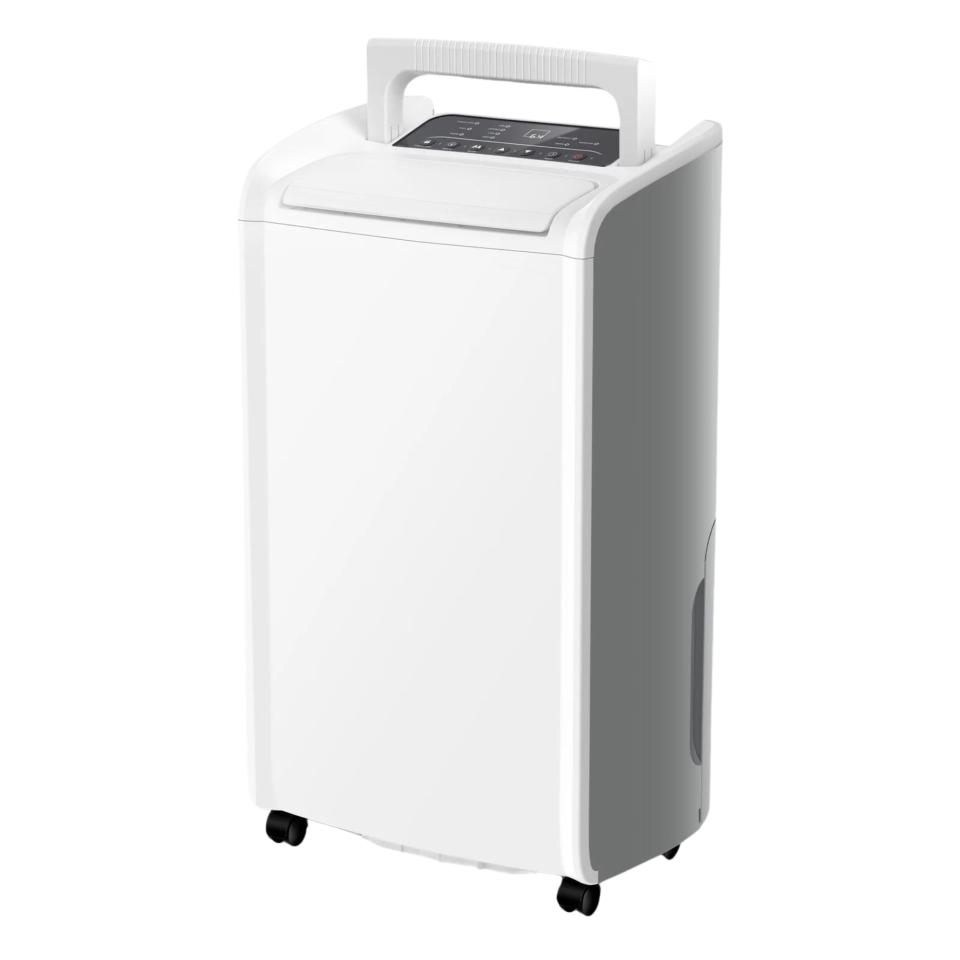 White upright dehumidifier which is rectangular and slim with gray sides and a wide static handle at the top for easy moving. It