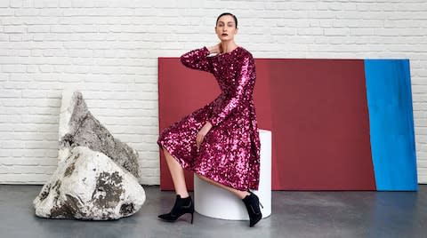 Erin O'Connor models the new L.K. Bennett x Preen collection