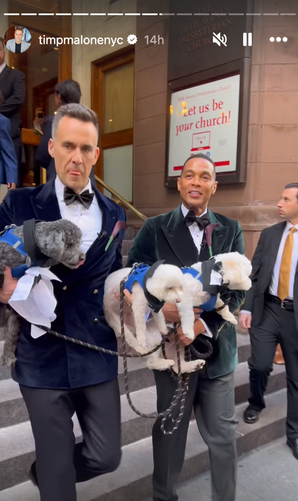 Tim Malone and Don Lemon holding their dogs as they exit the church (@timpmalonenyc on Instagram)