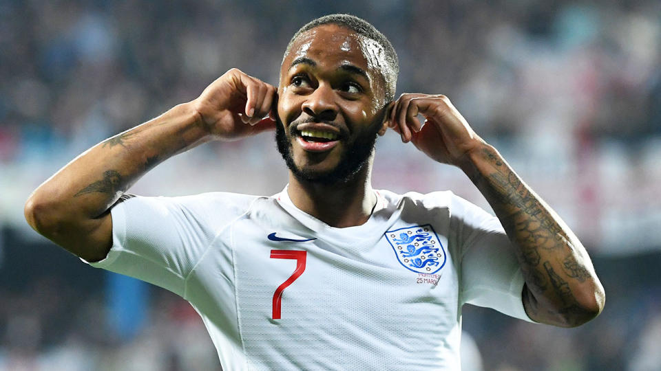Raheem Sterling from England celebrates his goal against Montenegro. (Getty Image)
