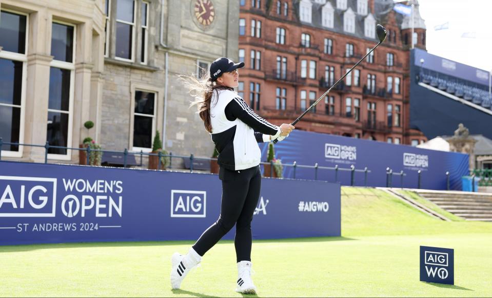 ST ANDREWS, SCOTLAND - AUGUST 20: Linn Grant of Sweden tees off on the first hole during a Pro-Am ahead of the AIG Women's Open at St Andrews Old Course on August 20, 2024 in St Andrews, Scotland. (Photo by Ross Parker/R&A/R&A via Getty Images)