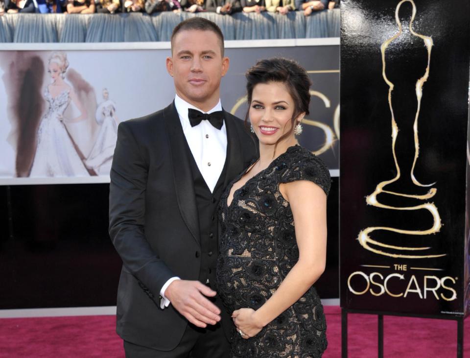 FILE - This Feb. 24, 2013 file photo shows actors Channing Tatum and his pregnant wife Jenna Dewan-Tatum at the 85th Academy Awards at the Dolby Theatre in Los Angeles. in London, where her father is filming the movie “Jupiter Ascending.” The birth was announced on the separate websites for both parents, with the message “Welcome to the World!” This is the first child for the Tatums. They met on the set of the film “Step Up” and have been married since 2009. The co-starred together in last year's “10 Years.” (Photo by John Shearer/Invision/AP)