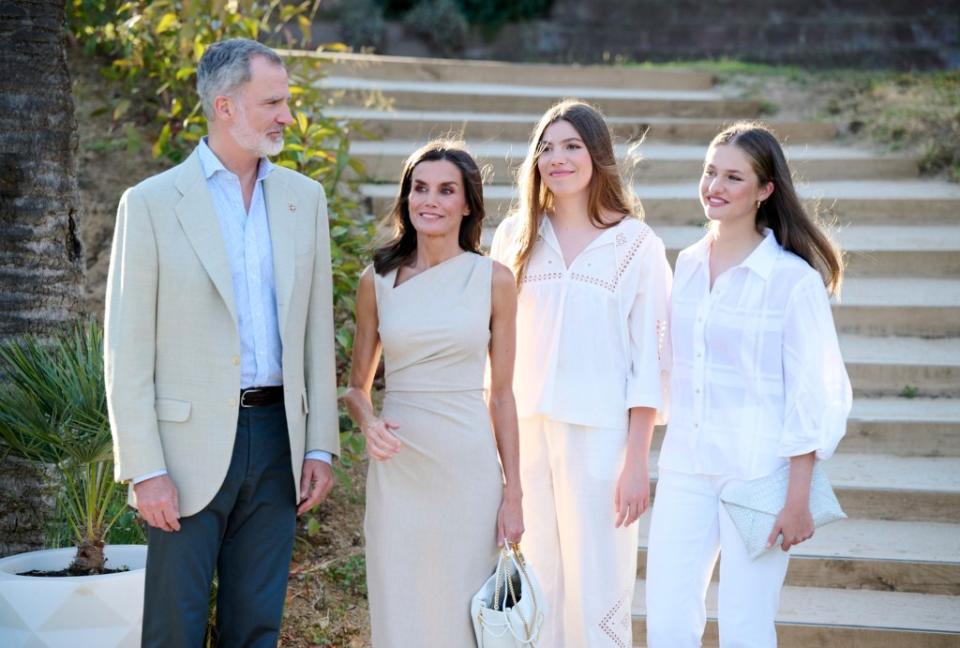 BARCELONA, SPAIN - JULY 09: (L-R) King Felipe VI of Spain, Queen Letizia of Spain, Princess Sofia of Spain and Crown Princess Leonor of Spain attend a meeting with winners of previous editions of the Princess of Girona Awards during the events of the XV anniversary of the Princess of Girona Foundation at the Melia Lloret de Mar Hotel on July 09, 2024 in Barcelona, Spain. (Photo by Carlos Alvarez/Getty Images)