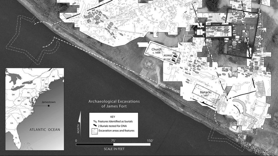 Eine Karte von Jamestown Island zeigt die dreieckige Umzäunung von Fort James und die Siedlungskirche, in der sich Bestattungen befinden. -Jamestown Rediscovery Foundation (Preservation Virginia)