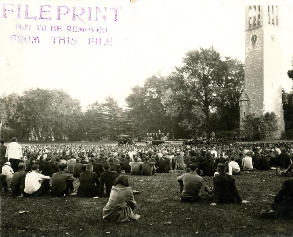 Thousands of students, family, teammates and friends gathered on campus at Iowa State University for Jack Trice's funeral Oct. 9, 1923.