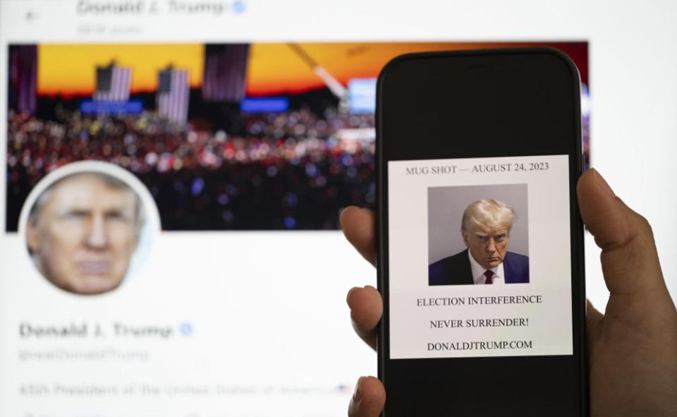 Former President Donald Trump’s first post when he returned to Twitter, now X, was his mugshot. (Getty Images)