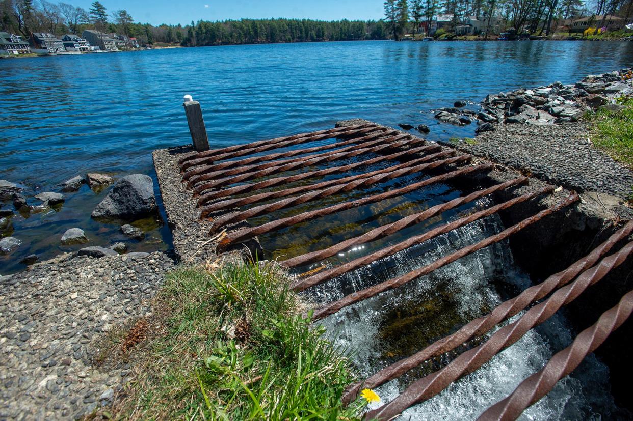 This earthen dam on Lake Boon, off Barton Road in Stow, drains into the Assabet River, April 26, 2024.
