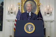 President Joe Biden speaks in the Diplomatic Reception Room of the White House, Thursday, Feb. 8, 2024, in Washington. (AP Photo/Evan Vucci)