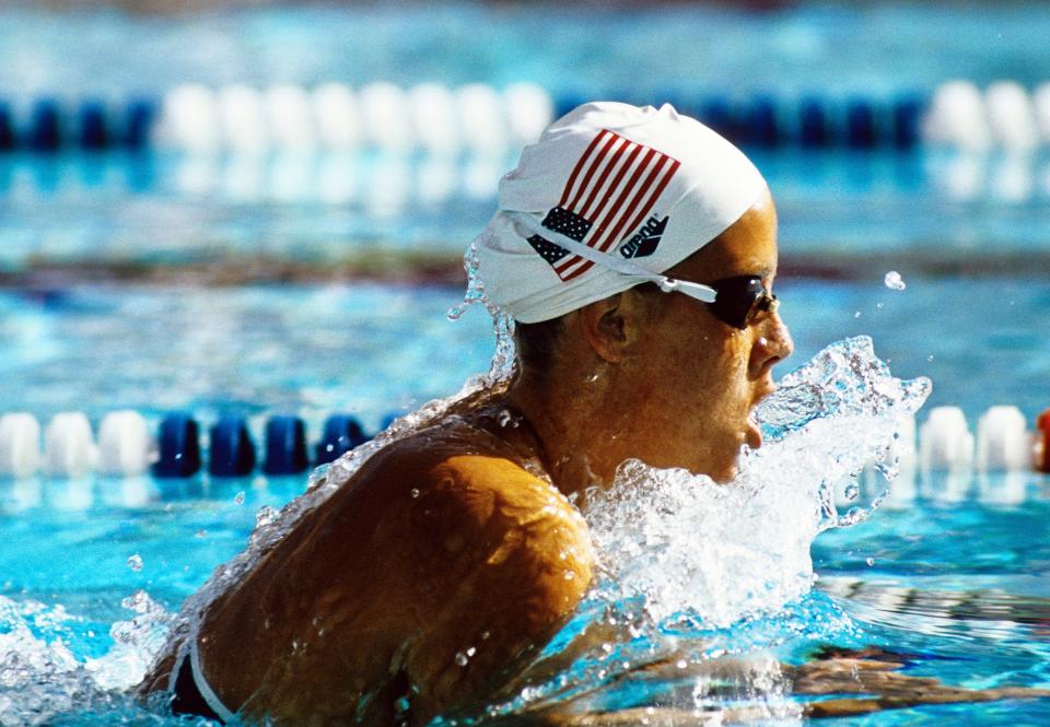 Tracy Caulkins places first in the women's 200m individual medley during the 1984 Los Angeles Olympic Games at the Olympic Swim Stadium.