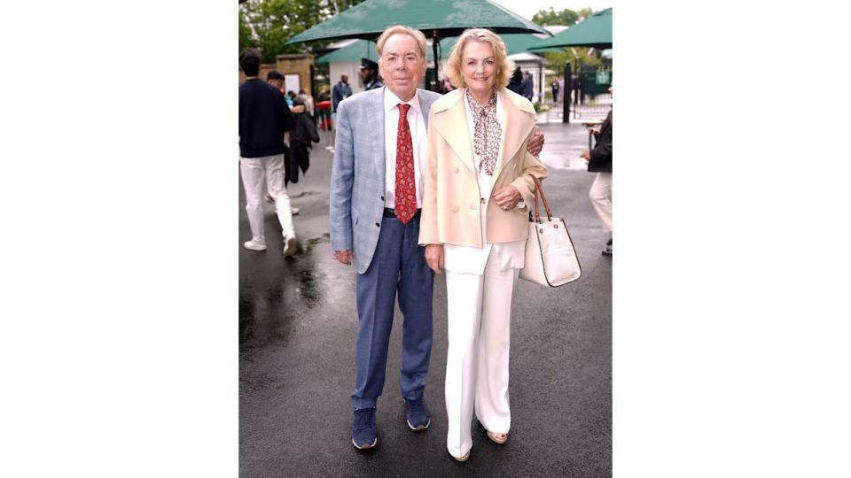Andrew Lloyd Webber and Madeleine Gurdon arrive on day five of the 2024 Wimbledon Championships at the All England Lawn Tennis and Croquet Club, 