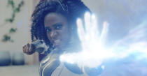 This image released by Disney shows Teyonah Parris as Captain Monica Rambeau in a scene from "The Marvels." (Laura Radford/Disney-Marvel Studios via AP)