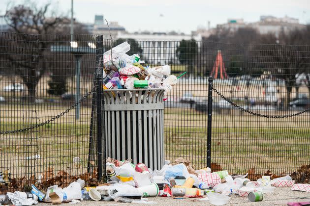 Garbage overflows a trash can on the National Mall across from the White House on Tuesday, during the government shutdown of 2018-19.