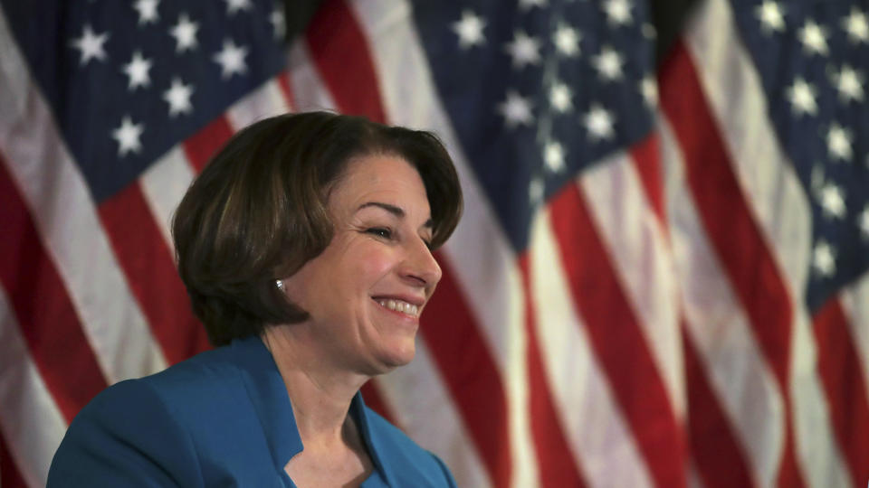 Democratic presidential candidate Sen. Amy Klobuchar, D-Minn., smiles during a campaign stop in Manchester, N.H., Thursday, Feb. 6, 2020. (AP Photo/Charles Krupa)