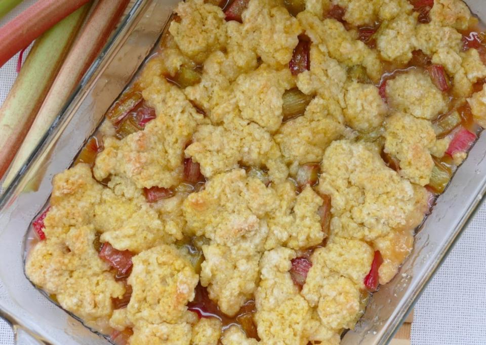 <p>Hot Eats and Cool Reads</p><p>Simple ingredients, ready in less than an hour and oh so good.</p><p><strong>Get the recipe: <a href="https://www.hoteatsandcoolreads.com/2017/05/amazing-rhubarb-cobbler-recipe.html" rel="nofollow noopener" target="_blank" data-ylk="slk:Rhubarb Cobbler;elm:context_link;itc:0;sec:content-canvas" class="link ">Rhubarb Cobbler</a></strong></p>