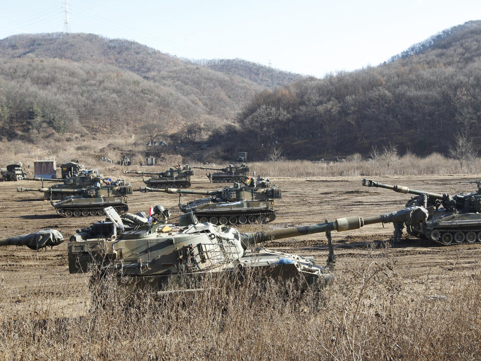 The South Korean army's K-55 self-propelled howitzers take positions during military exercises in Paju: AP
