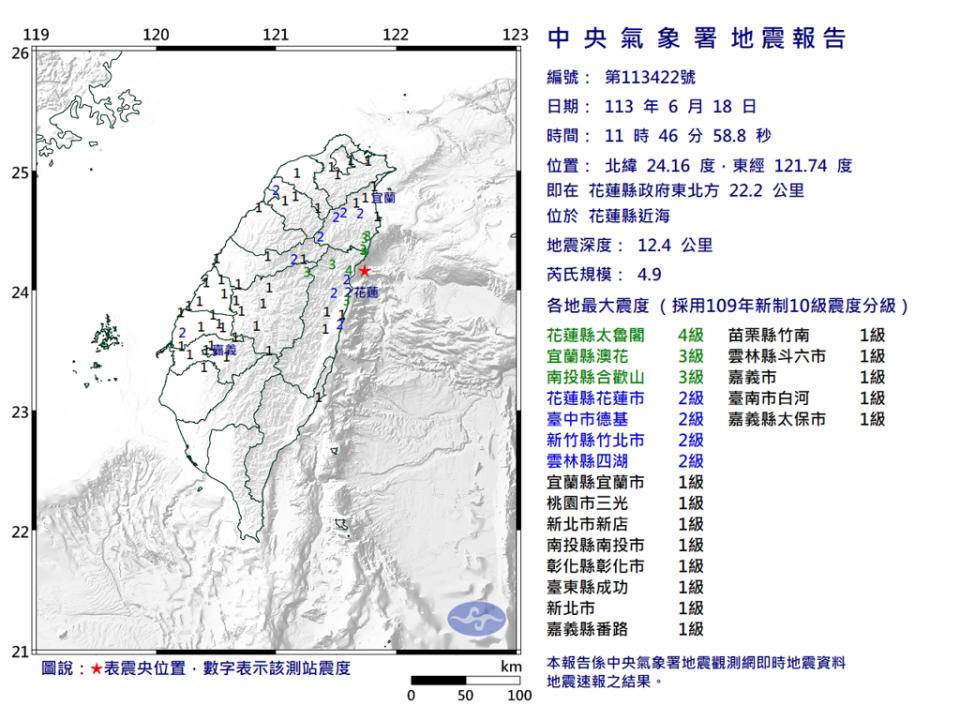 11：46花蓮近海規模4.9地震，最大震度4級。（氣象署提供）
