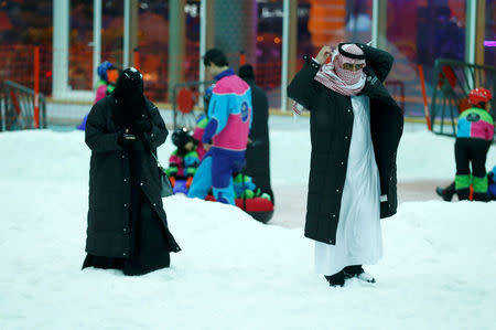 A Saudi couple walks in the new Snow City at Al Othaim Mall in Riyadh, Saudi Arabia July 26, 2016. Picture taken July 26, 2016. REUTERS/Faisal Al Nasser