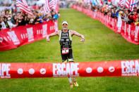 FILE PHOTO: United States' Andy Potts celebrates winning the Escape from Alcatraz Triathlon in San Francisco, California.