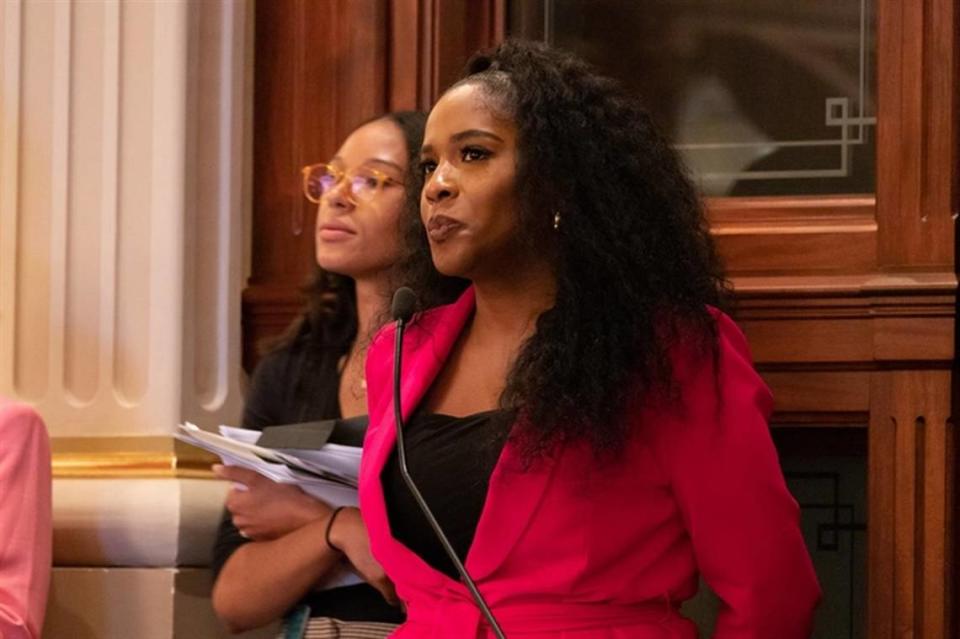 Rep. Jehan Gordon-Booth, D-Peoria, presents a budget bill on the House floor early Saturday morning before lawmakers adjourned for the summer around 3 a.m.