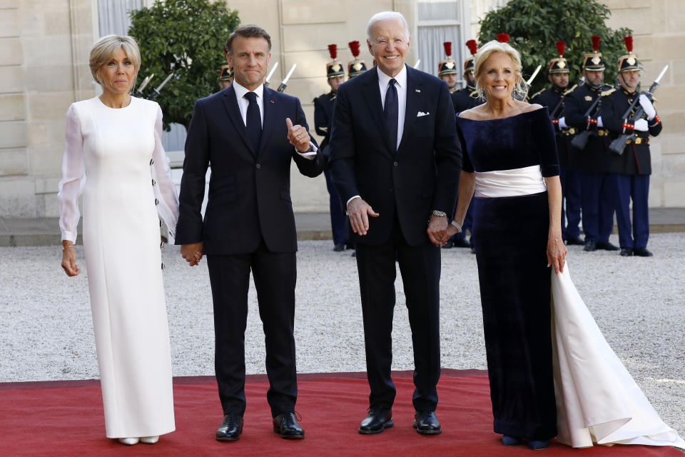 PARIS, FRANCE - JUNE 8:PARIS, FRANCE - JUNE 8:PARIS, FRANCE - JUNE 8: (L-R) Brigitte Macron, French President Emmanuel Macron, US President Joe Biden and first lady Jill Biden visit Elysee Palace on June 8, 2024 in Paris, France. U.S. President Joe Biden is in France to commemorate the 80th anniversary of the invasion of Normandy and to emphasize the continued role of the United States in helping to protect democratic values in Europe. (Photo by Antoine Gyori - Corbis/Corbis via Getty Images)