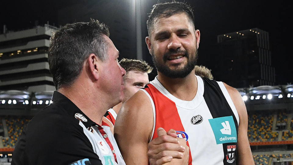 Saints coach Brett Ratten and Paddy Ryder talk after St Kilda's elimination finals victory over the Western Bulldogs.