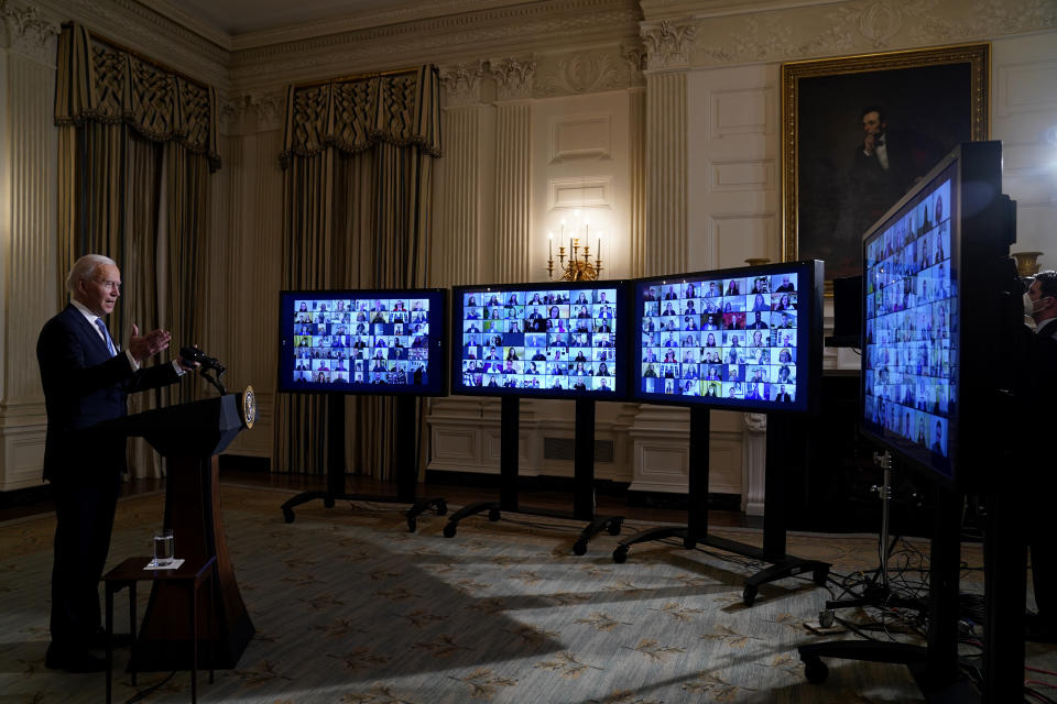 FILE - In this Jan. 20, 2021, file photo President Joe Biden speaks during a virtual swearing in ceremony of political appointees from the State Dining Room of the White House in Washington. (AP Photo/Evan Vucci, File)